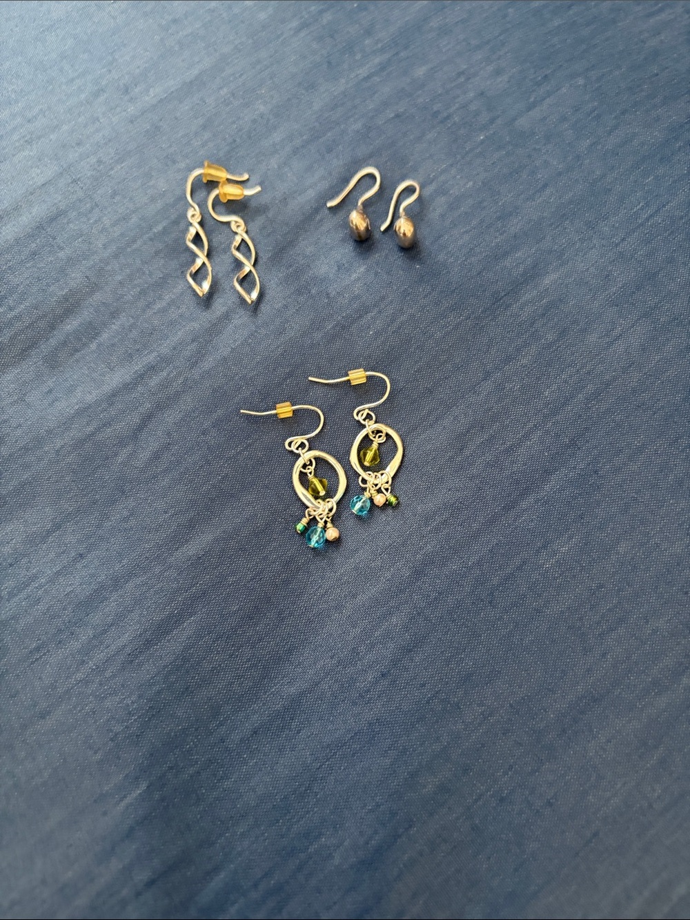 Sterling Silver Dangle Earrings with Green and Blue Accents